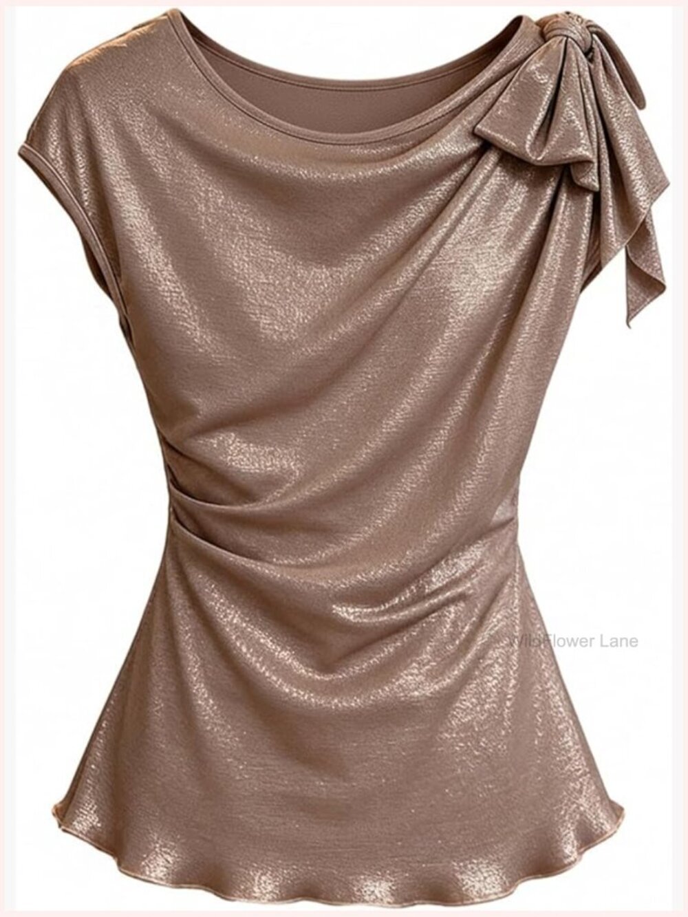 Metallic Bow Tie Cap Sleeve Ruched Blouse Sparkly Party Top Fitted Crew Neck